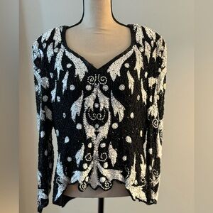 Elegant Black and White Beaded & Sequined Women's top